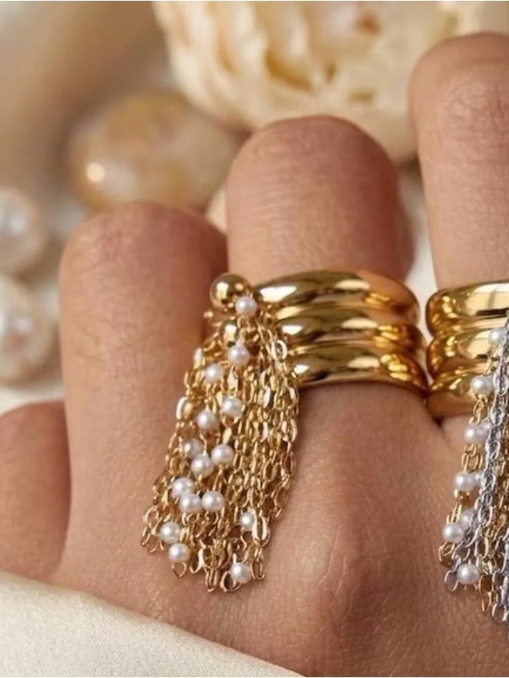 Gold Tassel Chain Ring with Pearl Accents